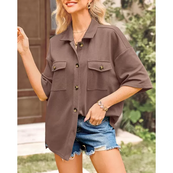 imageBTFBM Women Button Down Shirts Summer Casual Short Sleeve Side Slit High Low Hem Loose Fit Collared Shirt Blouse TopSolid Dark Khaki