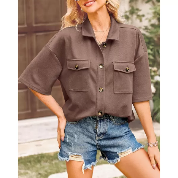 imageBTFBM Women Button Down Shirts Summer Casual Short Sleeve Side Slit High Low Hem Loose Fit Collared Shirt Blouse TopSolid Dark Khaki