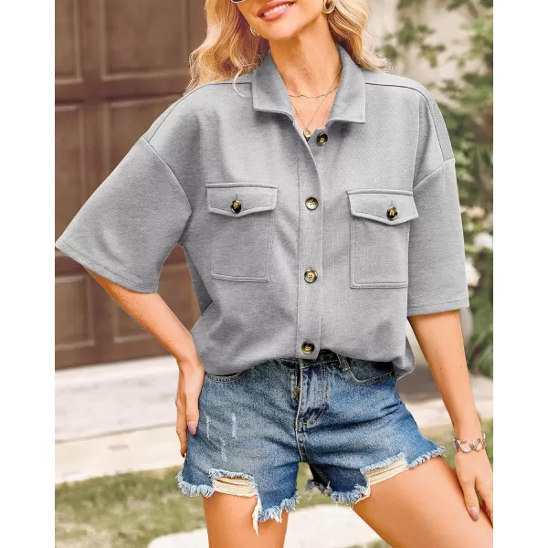 imageBTFBM Women Button Down Shirts Summer Casual Short Sleeve Side Slit High Low Hem Loose Fit Collared Shirt Blouse TopSolid Grey