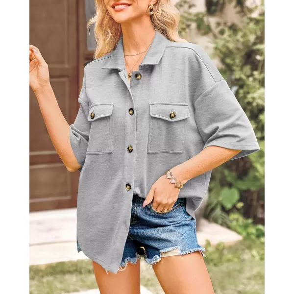 imageBTFBM Women Button Down Shirts Summer Casual Short Sleeve Side Slit High Low Hem Loose Fit Collared Shirt Blouse TopSolid Grey