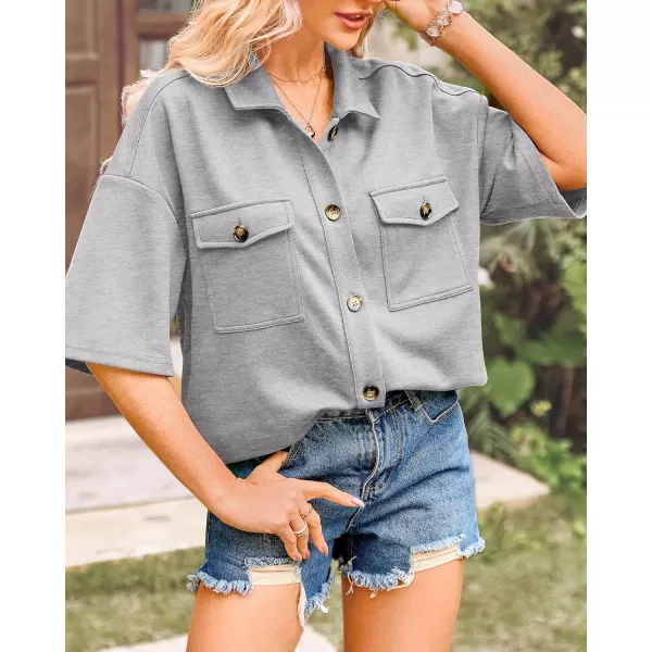 imageBTFBM Women Button Down Shirts Summer Casual Short Sleeve Side Slit High Low Hem Loose Fit Collared Shirt Blouse TopSolid Grey