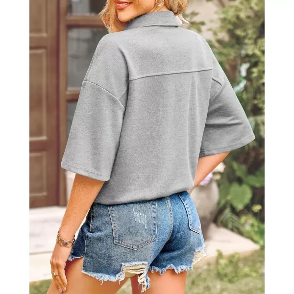 imageBTFBM Women Button Down Shirts Summer Casual Short Sleeve Side Slit High Low Hem Loose Fit Collared Shirt Blouse TopSolid Grey