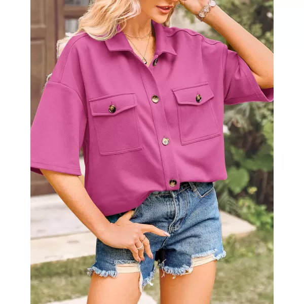 imageBTFBM Women Button Down Shirts Summer Casual Short Sleeve Side Slit High Low Hem Loose Fit Collared Shirt Blouse TopSolid Rose Pink