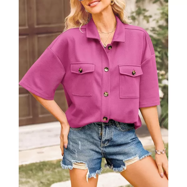 imageBTFBM Women Button Down Shirts Summer Casual Short Sleeve Side Slit High Low Hem Loose Fit Collared Shirt Blouse TopSolid Rose Pink