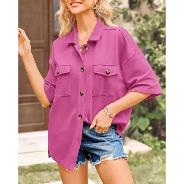 imageBTFBM Women Button Down Shirts Summer Casual Short Sleeve Side Slit High Low Hem Loose Fit Collared Shirt Blouse TopSolid Rose Pink