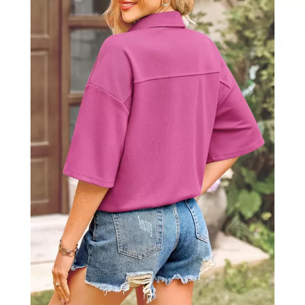 imageBTFBM Women Button Down Shirts Summer Casual Short Sleeve Side Slit High Low Hem Loose Fit Collared Shirt Blouse TopSolid Rose Pink