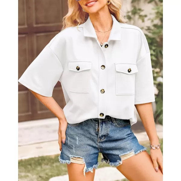 imageBTFBM Women Button Down Shirts Summer Casual Short Sleeve Side Slit High Low Hem Loose Fit Collared Shirt Blouse TopSolid White