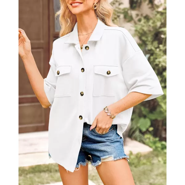 imageBTFBM Women Button Down Shirts Summer Casual Short Sleeve Side Slit High Low Hem Loose Fit Collared Shirt Blouse TopSolid White
