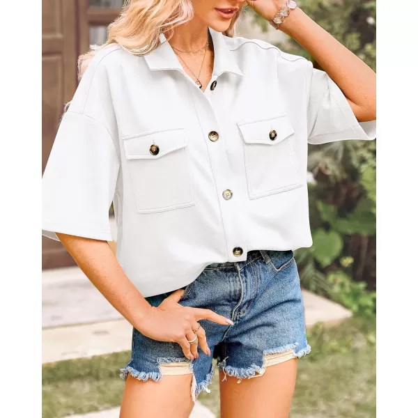 imageBTFBM Women Button Down Shirts Summer Casual Short Sleeve Side Slit High Low Hem Loose Fit Collared Shirt Blouse TopSolid White