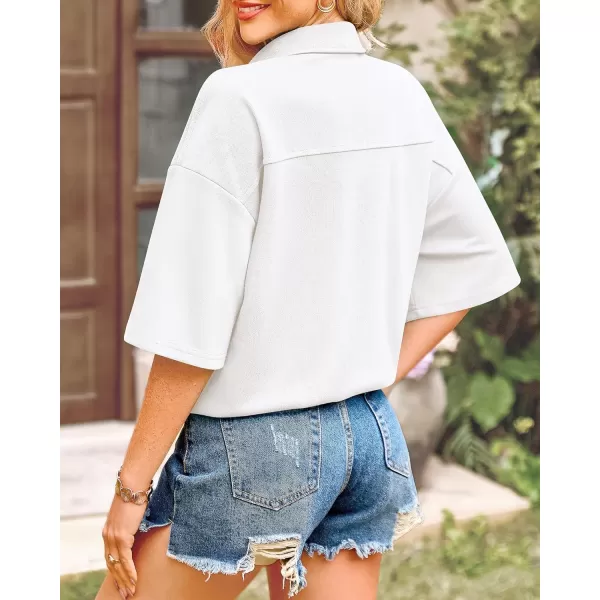 imageBTFBM Women Button Down Shirts Summer Casual Short Sleeve Side Slit High Low Hem Loose Fit Collared Shirt Blouse TopSolid White
