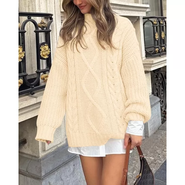 imageBTFBM Women Cable Knit Sweaters 2023 Fall Winter Crew Neck Button Shoulder Long Sleeve Chunky Long Sweater PulloverSolid Beige