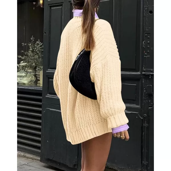 imageBTFBM Women Cable Knit Sweaters 2023 Fall Winter Crew Neck Button Shoulder Long Sleeve Chunky Long Sweater PulloverSolid Beige