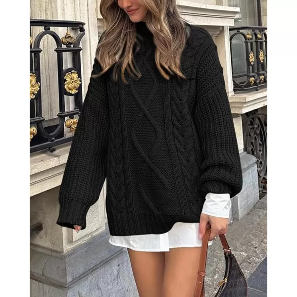 imageBTFBM Women Cable Knit Sweaters 2023 Fall Winter Crew Neck Button Shoulder Long Sleeve Chunky Long Sweater PulloverSolid Black