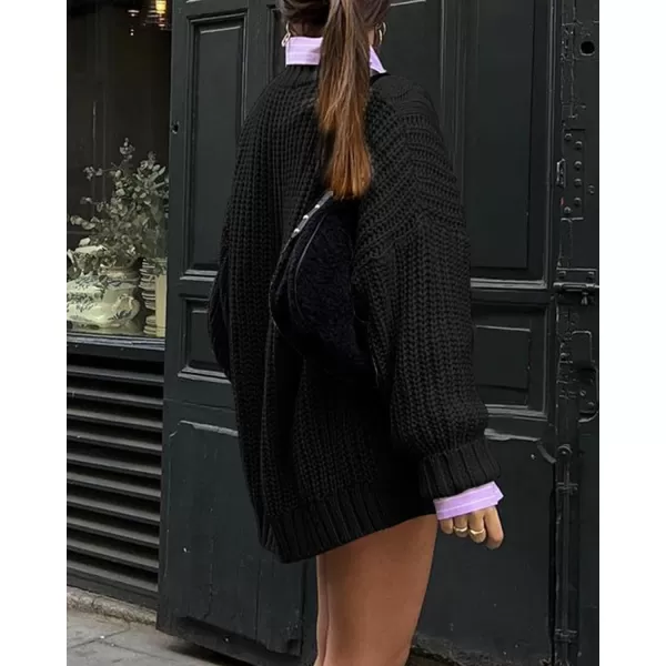 imageBTFBM Women Cable Knit Sweaters 2023 Fall Winter Crew Neck Button Shoulder Long Sleeve Chunky Long Sweater PulloverSolid Black