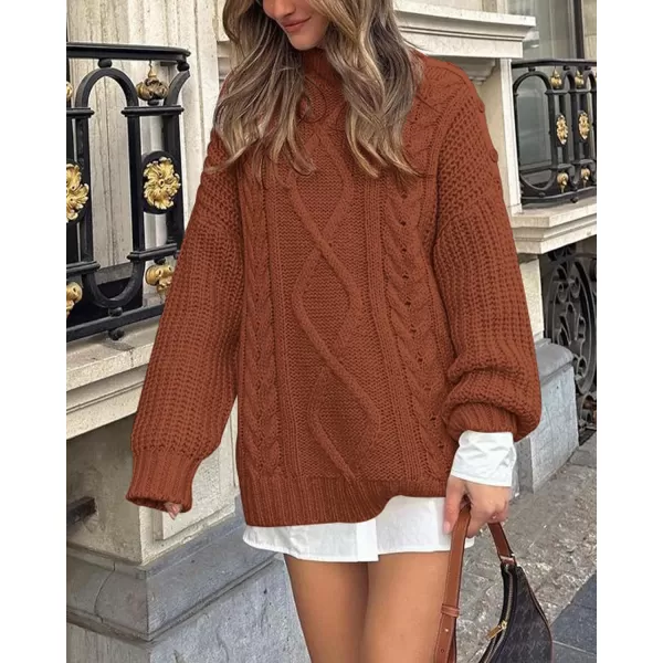 imageBTFBM Women Cable Knit Sweaters 2023 Fall Winter Crew Neck Button Shoulder Long Sleeve Chunky Long Sweater PulloverSolid Caramel