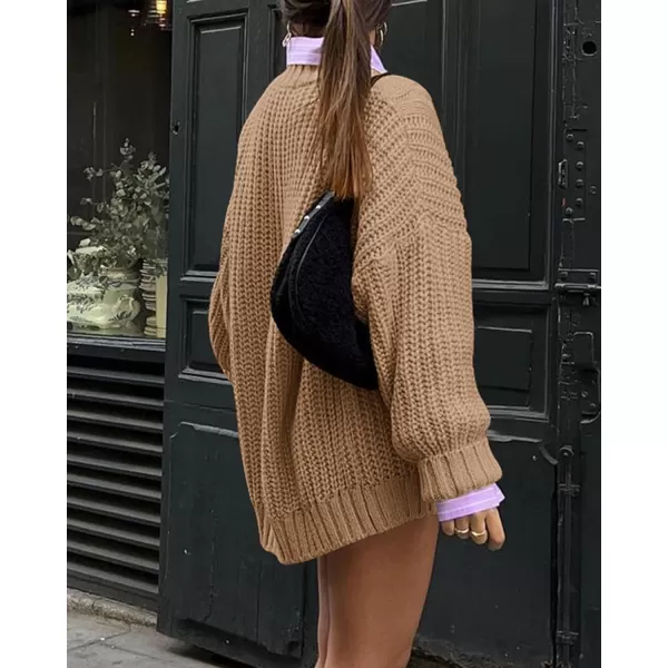 imageBTFBM Women Cable Knit Sweaters 2023 Fall Winter Crew Neck Button Shoulder Long Sleeve Chunky Long Sweater PulloverSolid Khaki