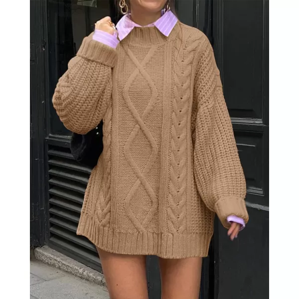 imageBTFBM Women Cable Knit Sweaters 2023 Fall Winter Crew Neck Button Shoulder Long Sleeve Chunky Long Sweater PulloverSolid Khaki