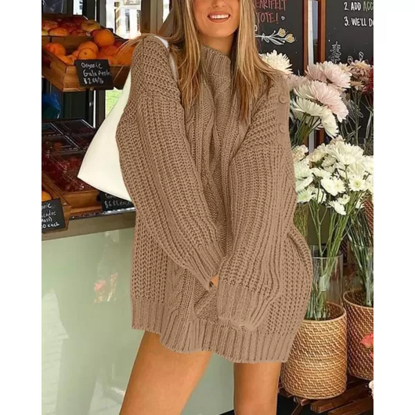 imageBTFBM Women Cable Knit Sweaters 2023 Fall Winter Crew Neck Button Shoulder Long Sleeve Chunky Long Sweater PulloverSolid Khaki