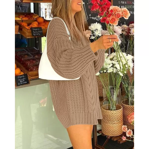 imageBTFBM Women Cable Knit Sweaters 2023 Fall Winter Crew Neck Button Shoulder Long Sleeve Chunky Long Sweater PulloverSolid Khaki