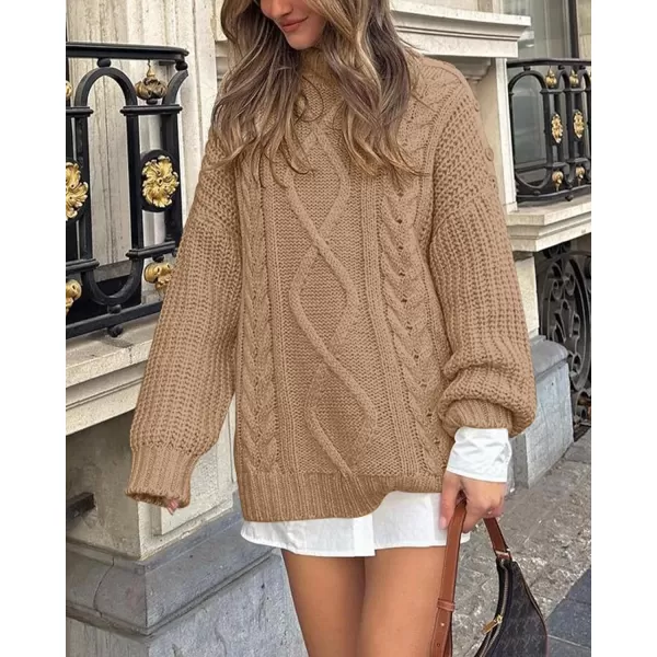 imageBTFBM Women Cable Knit Sweaters 2023 Fall Winter Crew Neck Button Shoulder Long Sleeve Chunky Long Sweater PulloverSolid Khaki