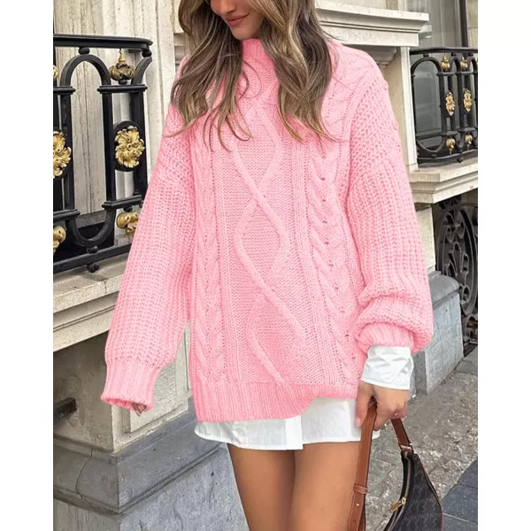 imageBTFBM Women Cable Knit Sweaters 2023 Fall Winter Crew Neck Button Shoulder Long Sleeve Chunky Long Sweater PulloverSolid Pink