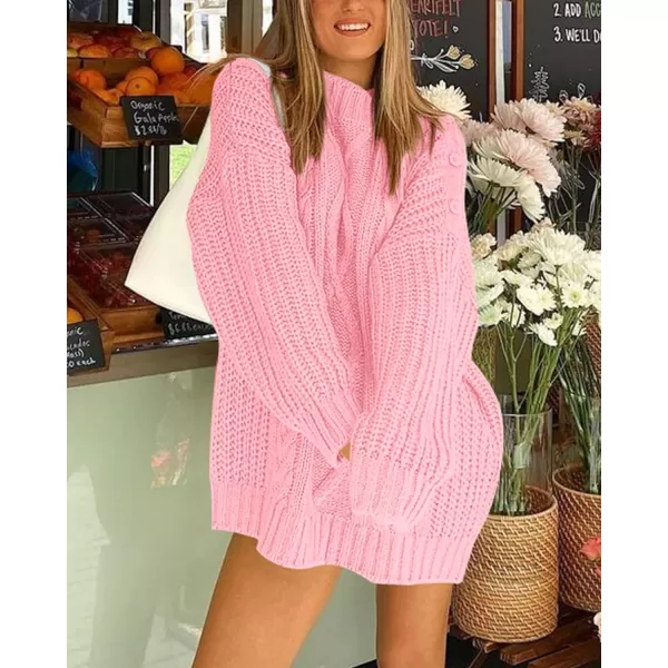 imageBTFBM Women Cable Knit Sweaters 2023 Fall Winter Crew Neck Button Shoulder Long Sleeve Chunky Long Sweater PulloverSolid Pink
