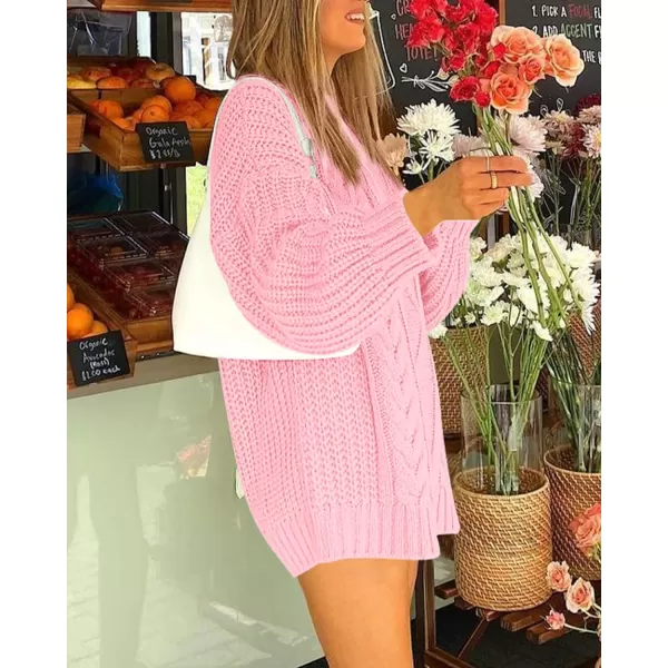 imageBTFBM Women Cable Knit Sweaters 2023 Fall Winter Crew Neck Button Shoulder Long Sleeve Chunky Long Sweater PulloverSolid Pink
