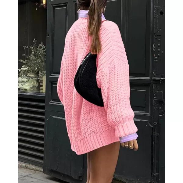 imageBTFBM Women Cable Knit Sweaters 2023 Fall Winter Crew Neck Button Shoulder Long Sleeve Chunky Long Sweater PulloverSolid Pink