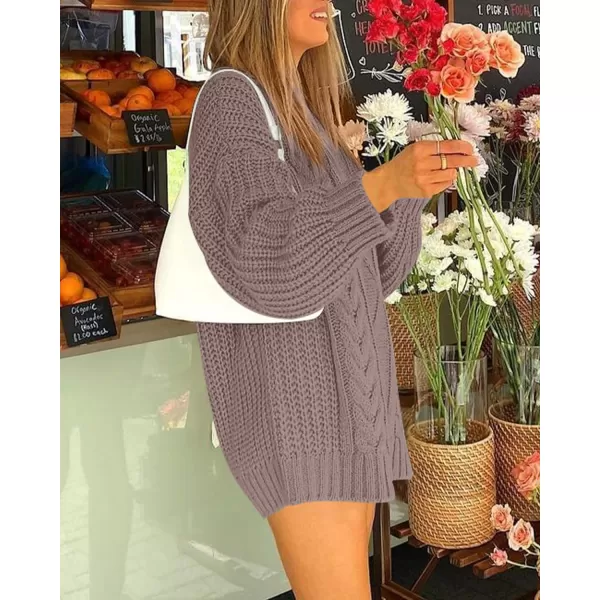 imageBTFBM Women Cable Knit Sweaters 2023 Fall Winter Crew Neck Button Shoulder Long Sleeve Chunky Long Sweater PulloverSolid Purple Grey