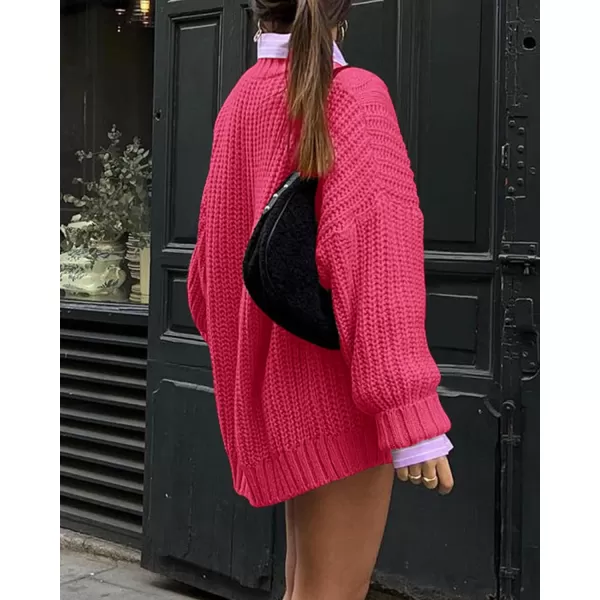imageBTFBM Women Cable Knit Sweaters 2023 Fall Winter Crew Neck Button Shoulder Long Sleeve Chunky Long Sweater PulloverSolid Rose Red