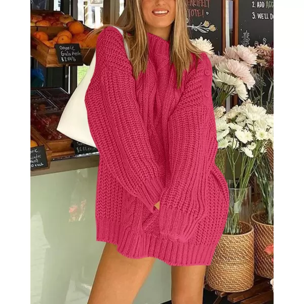 imageBTFBM Women Cable Knit Sweaters 2023 Fall Winter Crew Neck Button Shoulder Long Sleeve Chunky Long Sweater PulloverSolid Rose Red