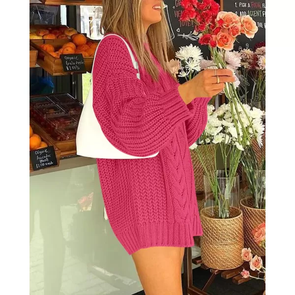 imageBTFBM Women Cable Knit Sweaters 2023 Fall Winter Crew Neck Button Shoulder Long Sleeve Chunky Long Sweater PulloverSolid Rose Red