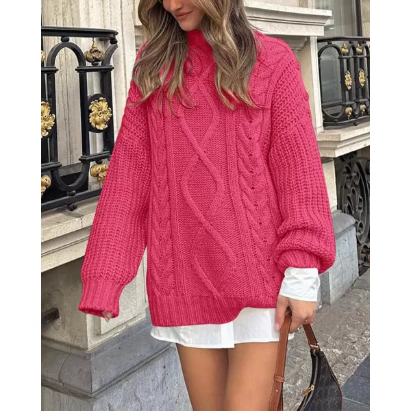 imageBTFBM Women Cable Knit Sweaters 2023 Fall Winter Crew Neck Button Shoulder Long Sleeve Chunky Long Sweater PulloverSolid Rose Red
