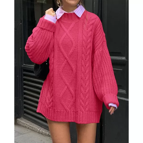 imageBTFBM Women Cable Knit Sweaters 2023 Fall Winter Crew Neck Button Shoulder Long Sleeve Chunky Long Sweater PulloverSolid Rose Red