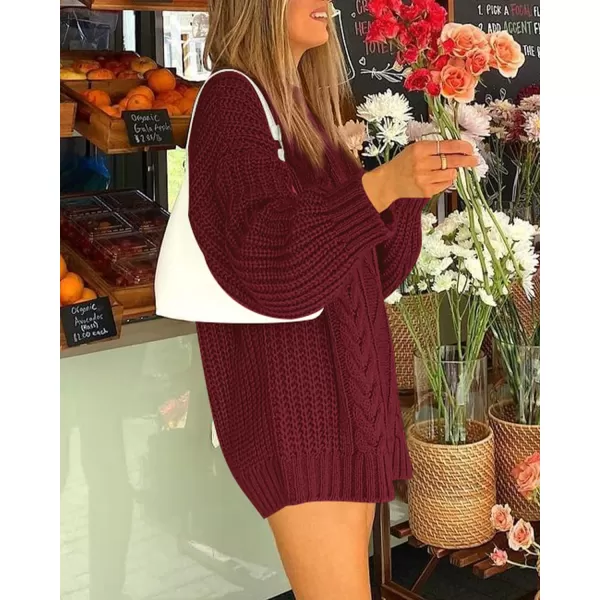 imageBTFBM Women Cable Knit Sweaters 2023 Fall Winter Crew Neck Button Shoulder Long Sleeve Chunky Long Sweater PulloverSolid Wine Red