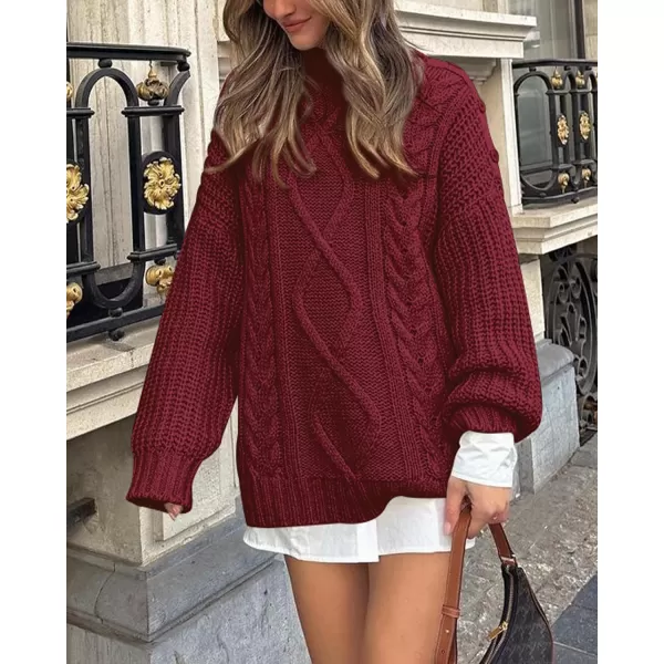 imageBTFBM Women Cable Knit Sweaters 2023 Fall Winter Crew Neck Button Shoulder Long Sleeve Chunky Long Sweater PulloverSolid Wine Red