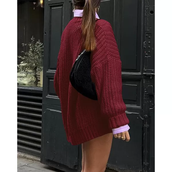 imageBTFBM Women Cable Knit Sweaters 2023 Fall Winter Crew Neck Button Shoulder Long Sleeve Chunky Long Sweater PulloverSolid Wine Red