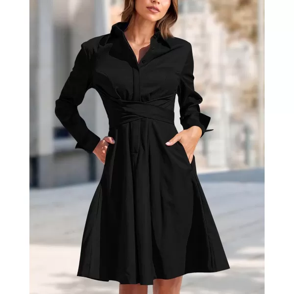 imageBTFBM Women Casual 2023 Fall Dresses Button V Neck Long Sleeve Tie Waist Aline Mini Party Formal DressSolid Black
