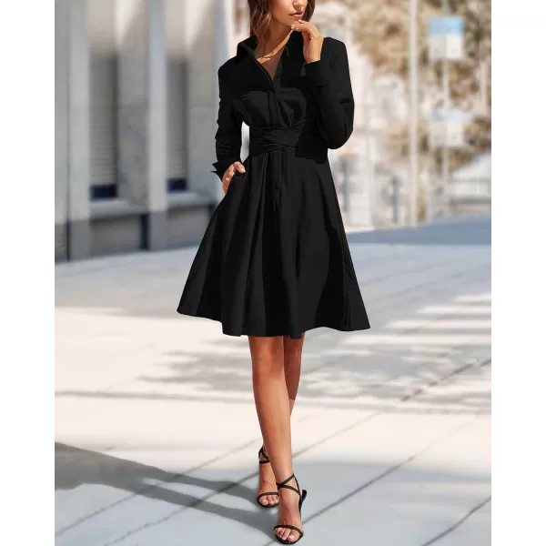 imageBTFBM Women Casual 2023 Fall Dresses Button V Neck Long Sleeve Tie Waist Aline Mini Party Formal DressSolid Black
