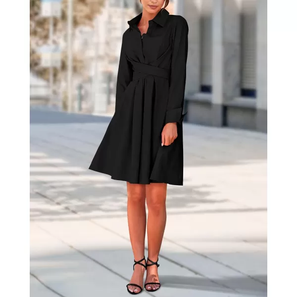 imageBTFBM Women Casual 2023 Fall Dresses Button V Neck Long Sleeve Tie Waist Aline Mini Party Formal DressSolid Black