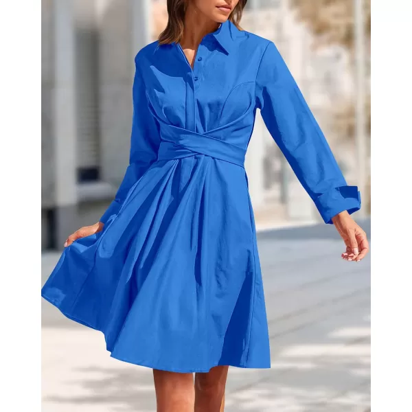 imageBTFBM Women Casual 2023 Fall Dresses Button V Neck Long Sleeve Tie Waist Aline Mini Party Formal DressSolid Brilliant Blue