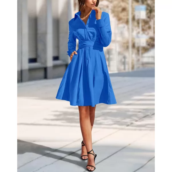 imageBTFBM Women Casual 2023 Fall Dresses Button V Neck Long Sleeve Tie Waist Aline Mini Party Formal DressSolid Brilliant Blue