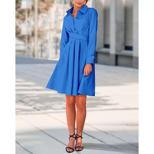 imageBTFBM Women Casual 2023 Fall Dresses Button V Neck Long Sleeve Tie Waist Aline Mini Party Formal DressSolid Brilliant Blue