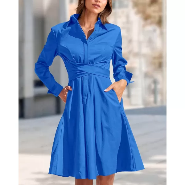 imageBTFBM Women Casual 2023 Fall Dresses Button V Neck Long Sleeve Tie Waist Aline Mini Party Formal DressSolid Brilliant Blue