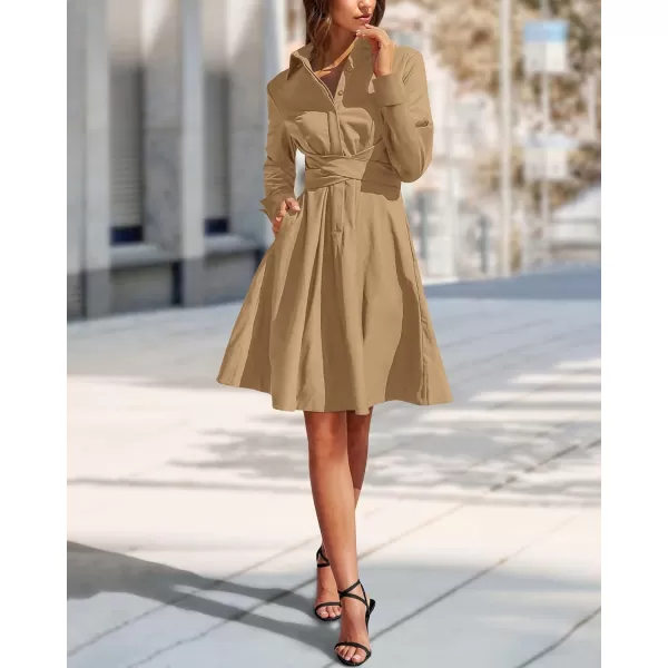 imageBTFBM Women Casual 2023 Fall Dresses Button V Neck Long Sleeve Tie Waist Aline Mini Party Formal DressSolid Brown
