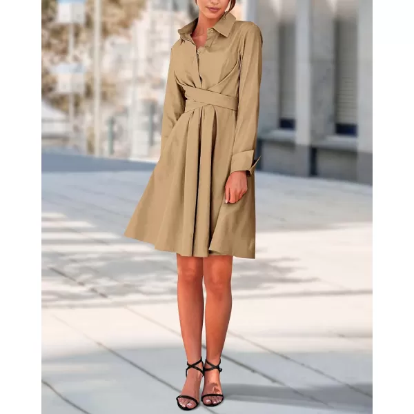 imageBTFBM Women Casual 2023 Fall Dresses Button V Neck Long Sleeve Tie Waist Aline Mini Party Formal DressSolid Brown