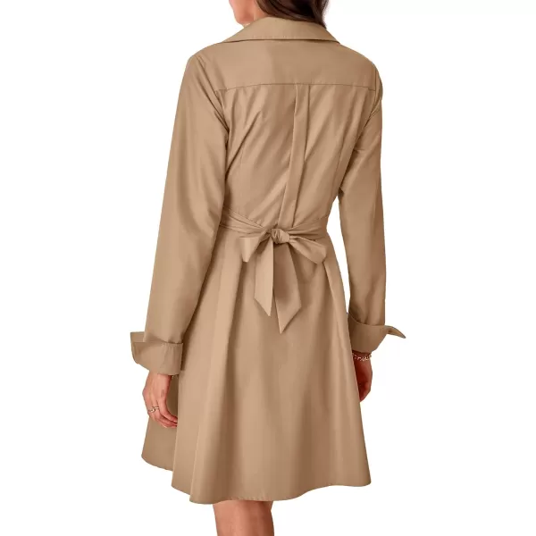 imageBTFBM Women Casual 2023 Fall Dresses Button V Neck Long Sleeve Tie Waist Aline Mini Party Formal DressSolid Brown
