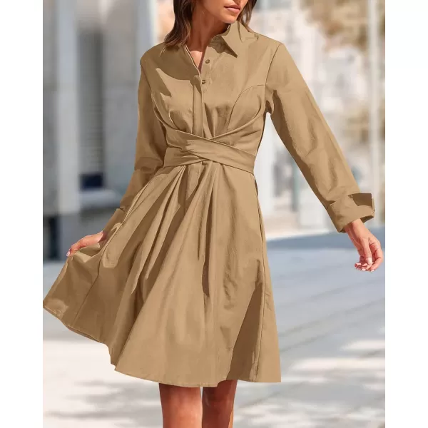 imageBTFBM Women Casual 2023 Fall Dresses Button V Neck Long Sleeve Tie Waist Aline Mini Party Formal DressSolid Brown