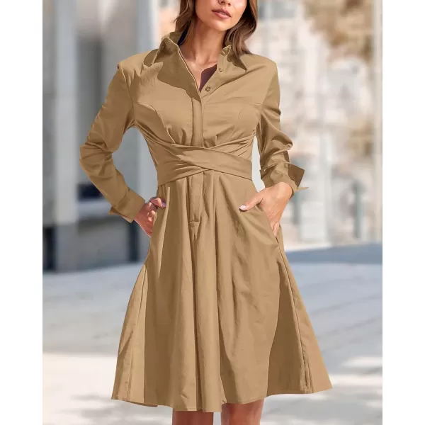 imageBTFBM Women Casual 2023 Fall Dresses Button V Neck Long Sleeve Tie Waist Aline Mini Party Formal DressSolid Brown