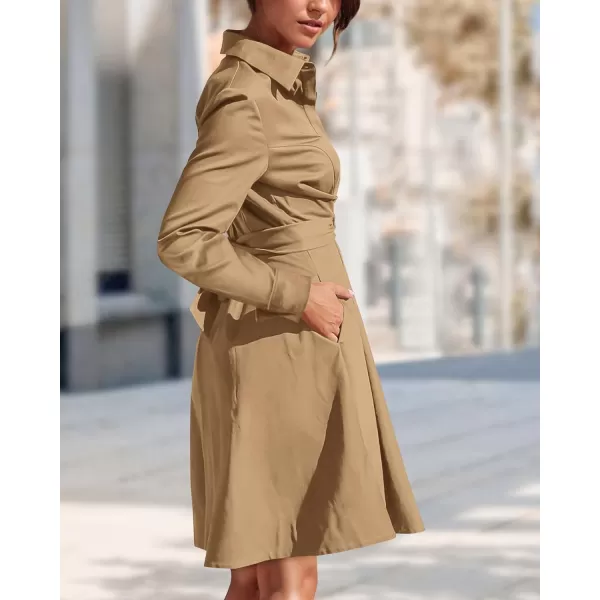 imageBTFBM Women Casual 2023 Fall Dresses Button V Neck Long Sleeve Tie Waist Aline Mini Party Formal DressSolid Brown
